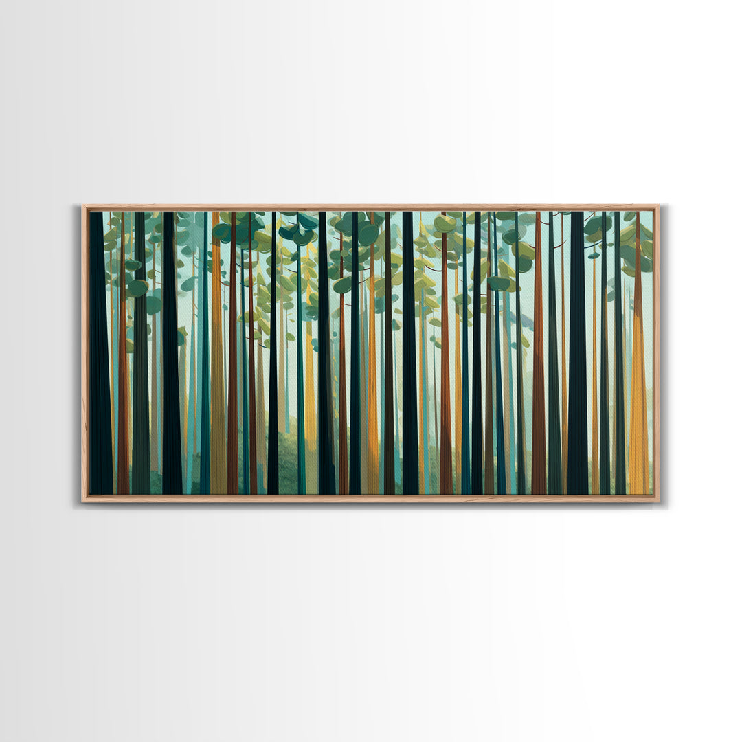 Tall Pine Forest With Sunbeams In Teal Gold Wall Art, Modern Nature Landscape Print, Scandinavian Cabin And Office Decor
