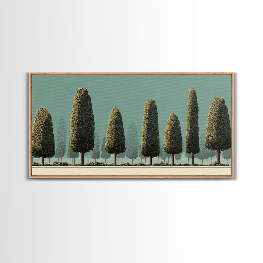 Stylized Cypress Tree Grove Wall Art, Midcentury Modern Landscape Print, Sage Green Retro Decor, Nature Living Room Art Print
