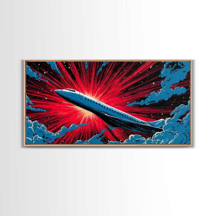 Blue Supersonic Jet With Red Starburst Canvas Print, Retro Sci Fi Poster, Mid Century Modern Wall Decor, Aviation Art Print