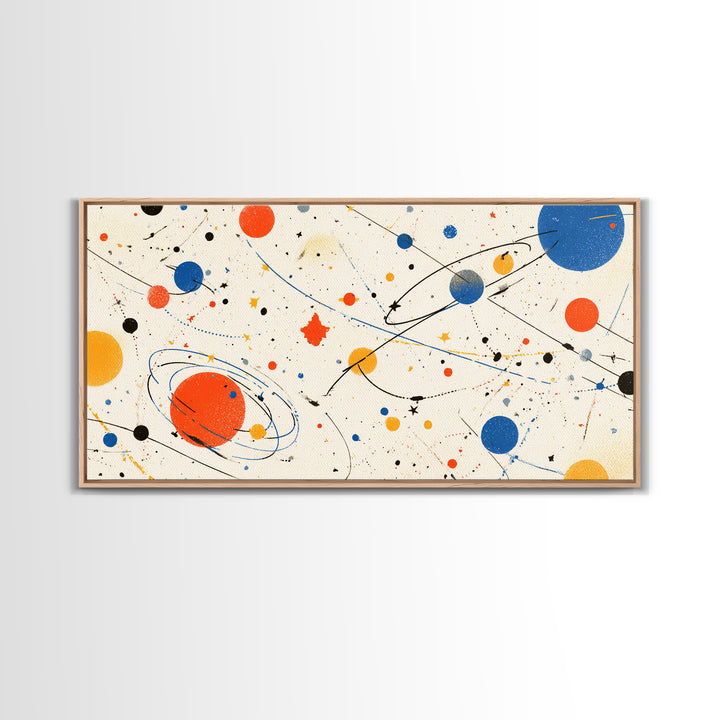 Playful Orbiting Planets And Stars Canvas Print, Atomic Mid Century Modern Wall Art, Retro Space Poster, Kids Room Decor