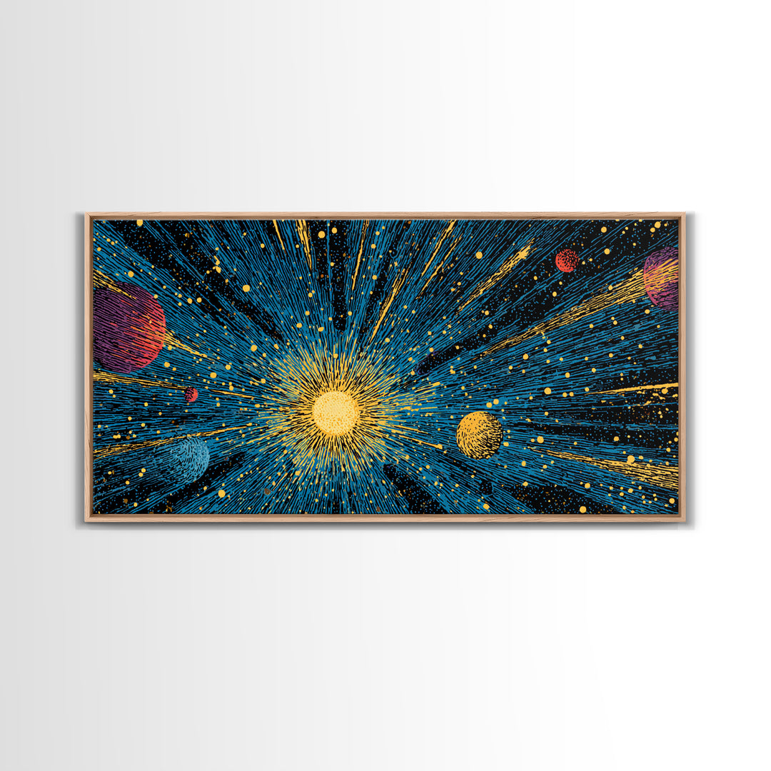 Radiant Sun And Planets In Deep Space Wall Art, Cosmic Retro Sci Fi Poster, Mid Century Modern Decor, Galaxy Print, Home Decor