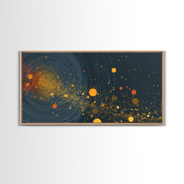Orange Cosmic Spiral And Star Fields Framed Canvas Print, Abstract Space Wall Art, Mid Century Modern Decor, Galaxy Poster