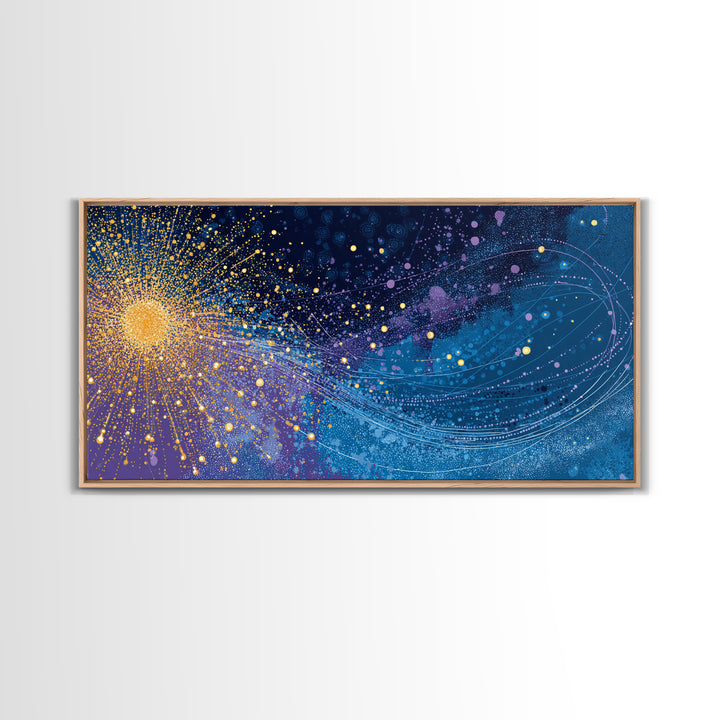 Golden Starburst Space Wave Canvas Print, Colorful Abstract Wall Art, Modern Galaxy Poster, Sci Fi Office And Living Room Decor