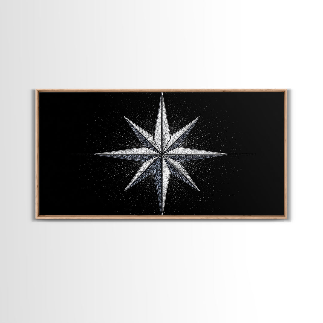 Stippled Compass Rose Canvas Print, Black And White Nautical Star Wall Art, Geometric Modern Poster, Minimal Office Decor