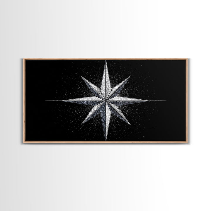 Stippled Compass Rose Canvas Print, Black And White Nautical Star Wall Art, Geometric Modern Poster, Minimal Office Decor