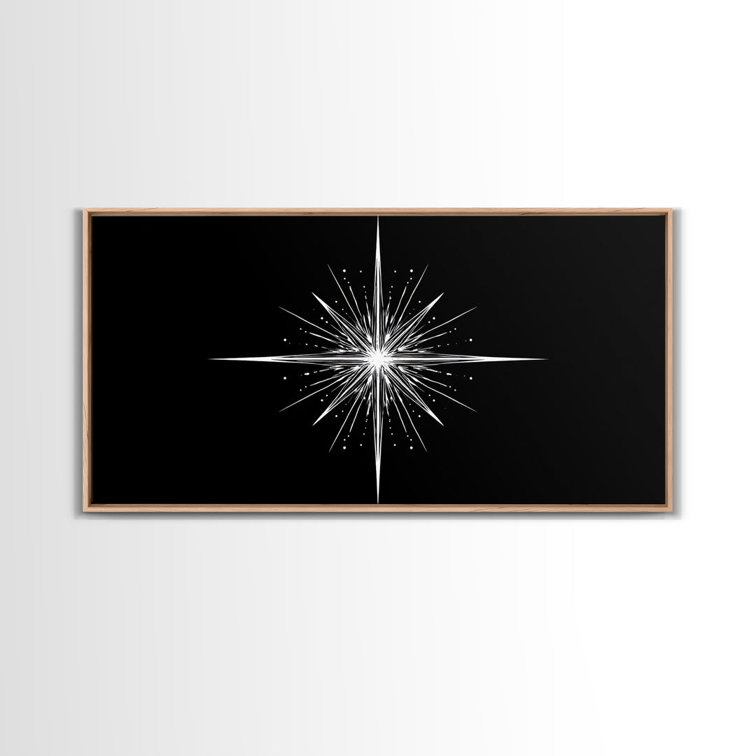 Bright North Star Wall Art, Black And White Celestial Burst Print, Minimal Geometric Poster, Modern Nautical Office Decor