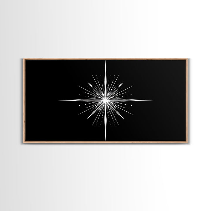 Bright North Star Wall Art, Black And White Celestial Burst Print, Minimal Geometric Poster, Modern Nautical Office Decor