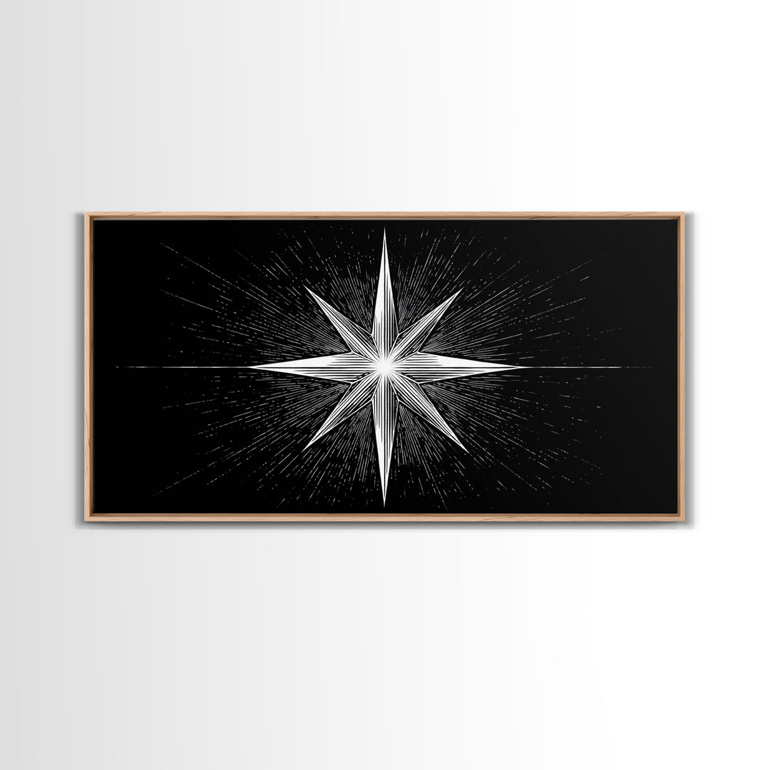 Exploding Compass Star Canvas Print, Black And White Celestial Wall Art, Geometric Nautical Poster, Modern Home Office Decor