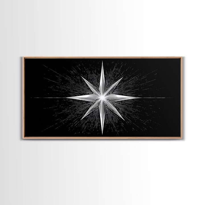 Exploding Compass Star Canvas Print, Black And White Celestial Wall Art, Geometric Nautical Poster, Modern Home Office Decor