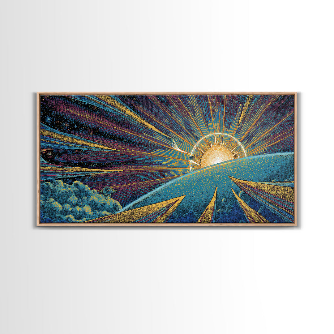Radiant Sunrise Over Planet Wall Art, Modern Abstract Art Print, Retro Sci Fi Poster, Space Abstract Art, Colorful MCM Decor