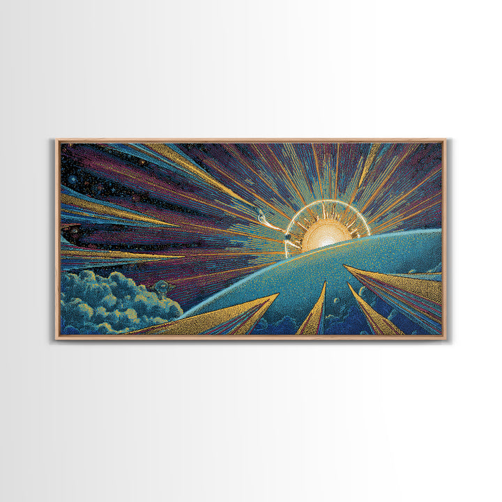 Radiant Sunrise Over Planet Wall Art, Modern Abstract Art Print, Retro Sci Fi Poster, Space Abstract Art, Colorful MCM Decor