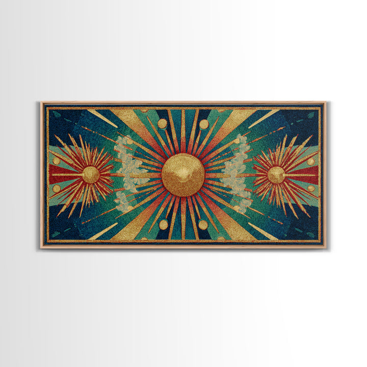 Teal Gold Art Deco Sunburst Wall Art, Midcentury Modern Art Print, Geometric Wall Decor, Retro Atomic Pattern Poster, MCM Home Decor