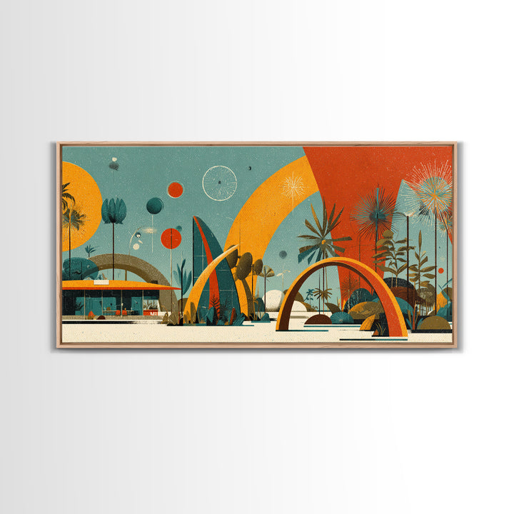 Atomic Desert Resort With Palms And Arches Wall Art, Midcentury Modern Print, Retro Space Age Poster, MCM Home Decor Gift