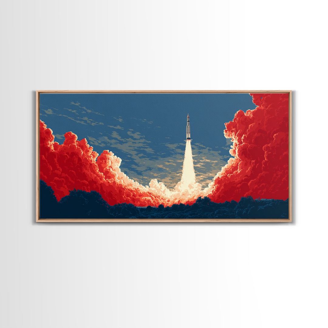 Rocket Launch Through Red Clouds Canvas Print, Retro Sci Fi Poster, Mid Century Modern Wall Art, Bold Space Decor Gift For Him