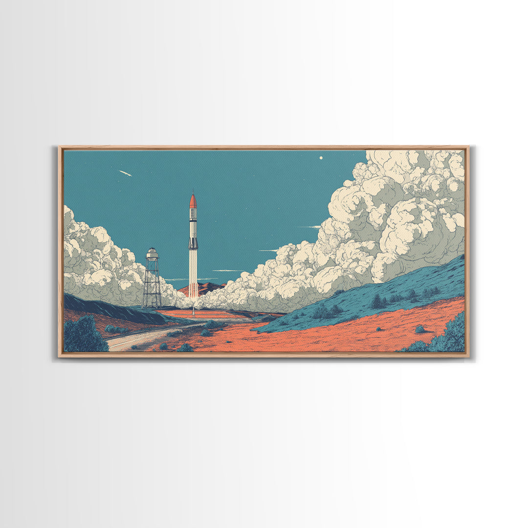 Moonlit Rocket Pad In Blue Desert Wall Art, Midcentury Modern Space Poster, Retro Sci Fi Print, MCM Office Decor Gift Idea