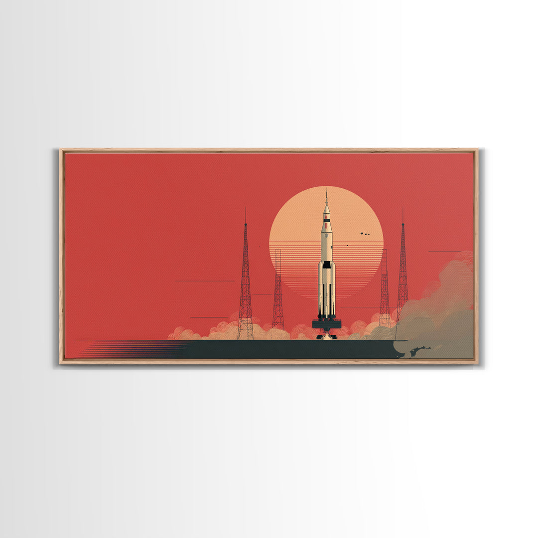 Rocket Launch With Coral Sun Canvas Print, Midcentury Modern Space Age Poster, Atomic Wall Art, Retro Home Decor Gift Idea
