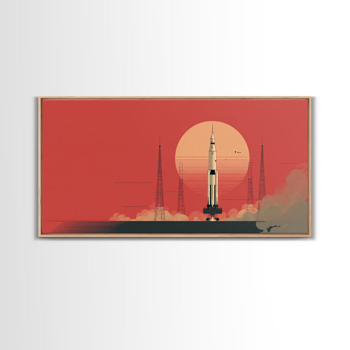 Rocket Launch With Coral Sun Canvas Print, Midcentury Modern Space Age Poster, Atomic Wall Art, Retro Home Decor Gift Idea