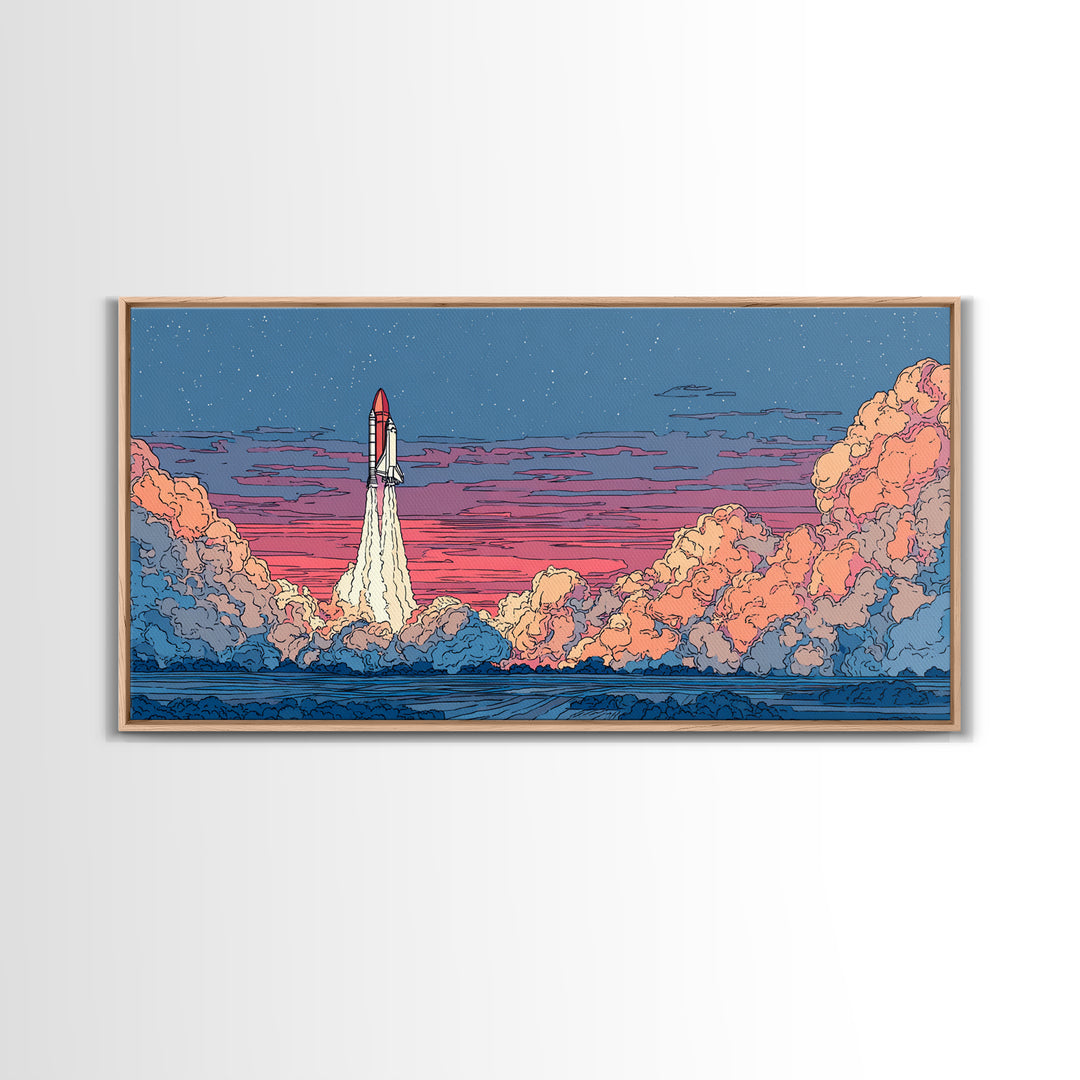 Twilight Rocket Launch Over Ocean Clouds Wall Art, Retro Sci Fi Poster, Mid Century Modern Print, Starry Space Decor Gift