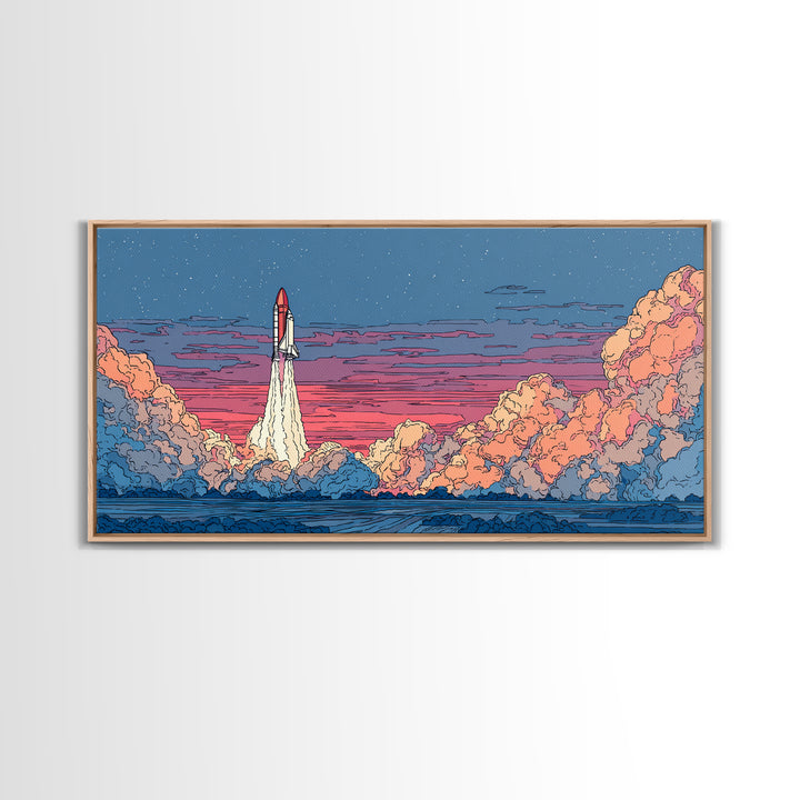 Twilight Rocket Launch Over Ocean Clouds Wall Art, Retro Sci Fi Poster, Mid Century Modern Print, Starry Space Decor Gift