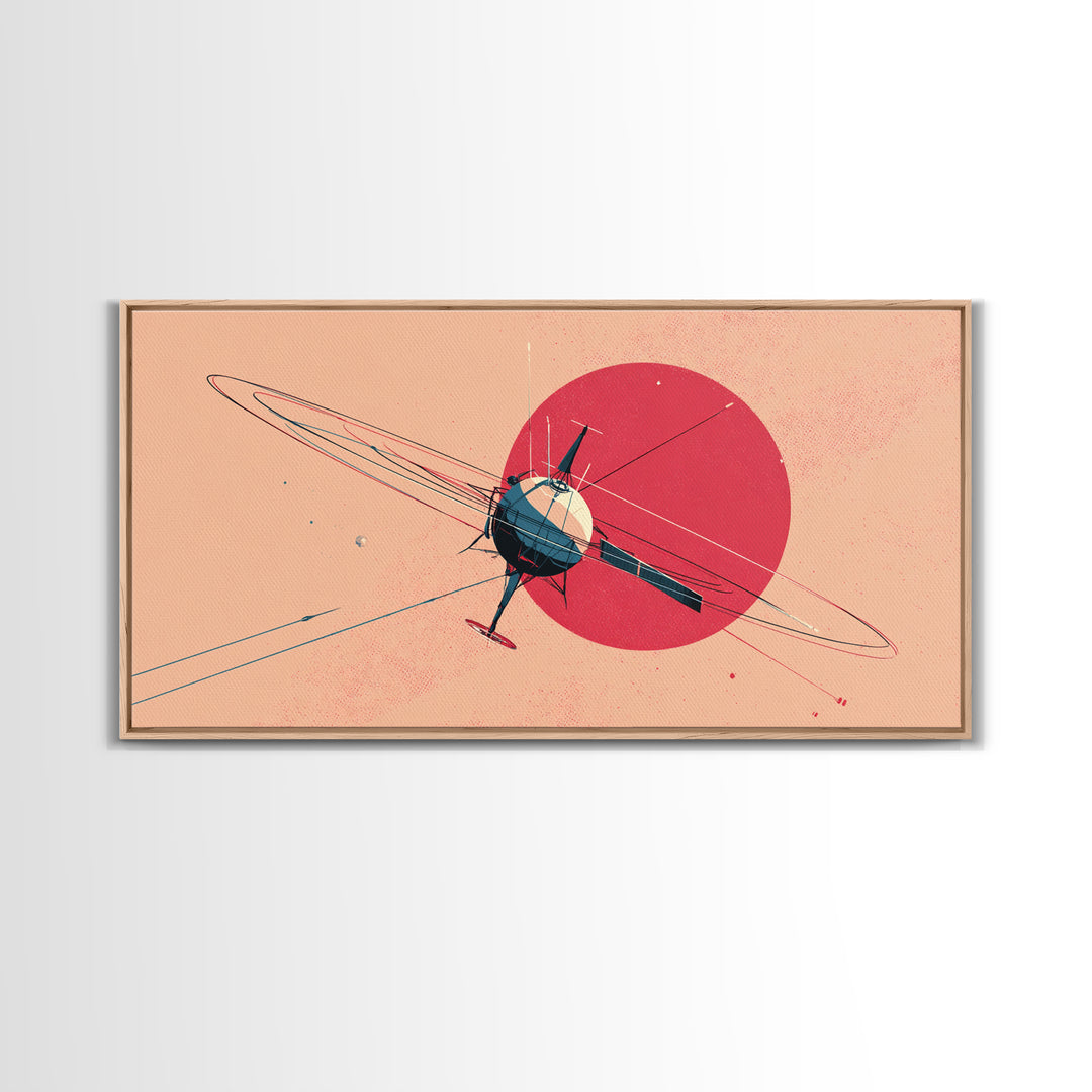 Retro Satellite Orbiting Pink Planet Canvas Print, Midcentury Modern Space Poster, Atomic Sci Fi Wall Art Decor Gift For Him