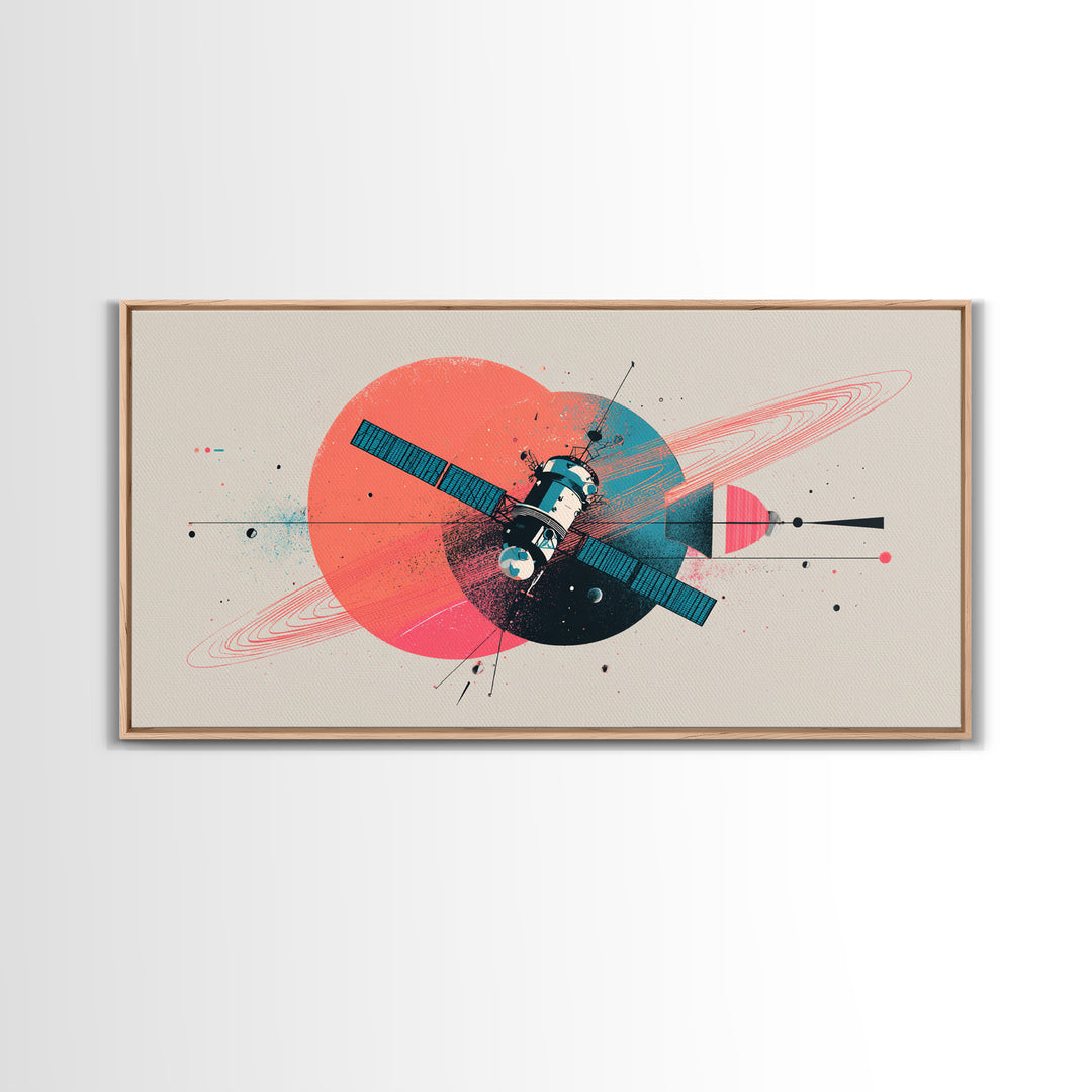 Abstract Satellite And Ringed Planet Wall Art, Midcentury Modern Space Poster, Retro Atomic Print, Modern Home Decor Gift