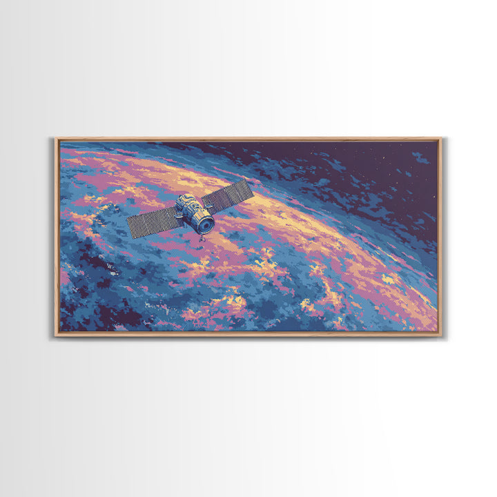 Pixel Satellite Above Colorful Earth Wall Art, Retro Sci Fi Space Poster, Modern Astronaut Decor, Cosmic Digital Art Print