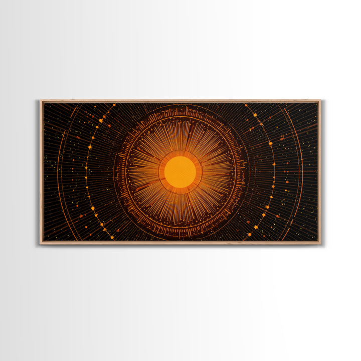 Orange Solar Mandala Interface Wall Art, Retro Sci Fi Circle Poster, Atomic Midcentury Modern Decor, Geometric Sun Print