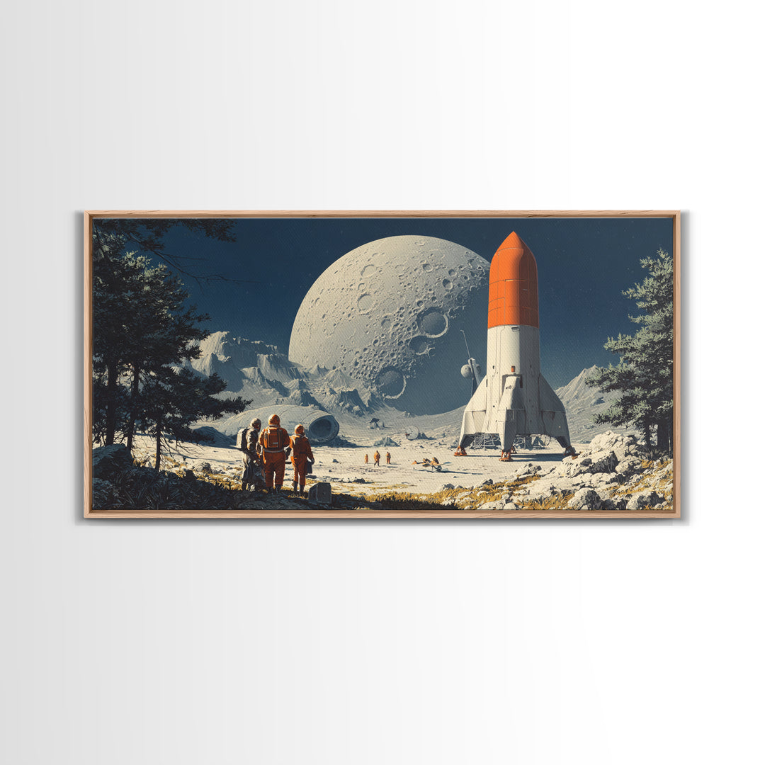 Moon Base Astronauts With Orange Rocket Framed Canvas Print, Retro Space Wall Art, Sci Fi Lunar Landscape Poster Decor Gift