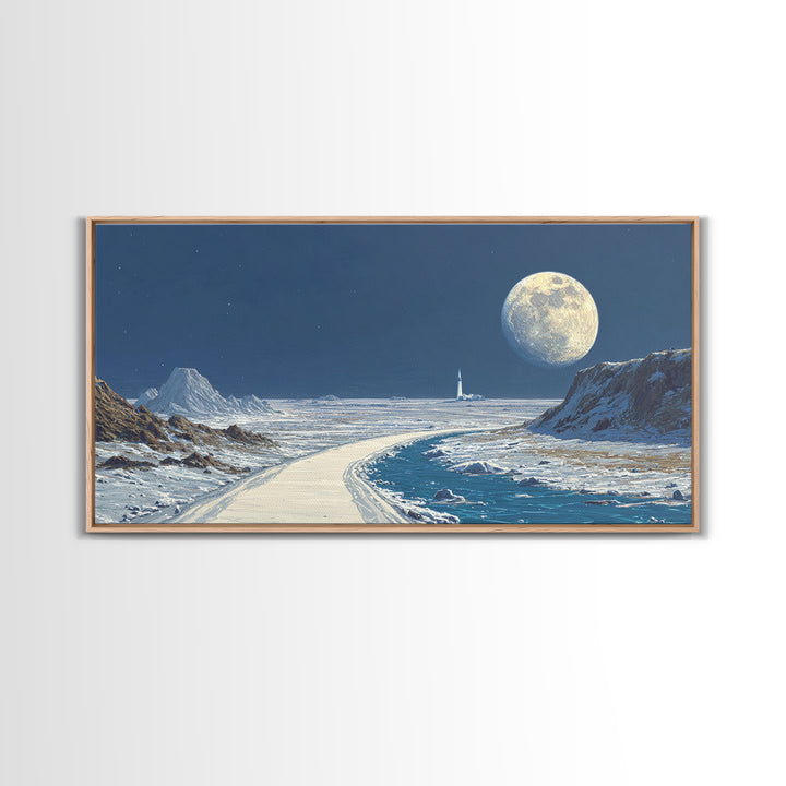 Blue Lunar Coastline With Full Moon Wall Art, Retro Sci Fi Landscape Poster, Space Travel Print, Modern Home Office Decor