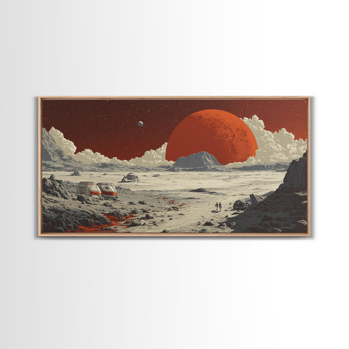 Red Planet Colony With Rovers Canvas Print, Retro Sci Fi Desert Landscape Wall Art, Mars Exploration Poster, Space Decor