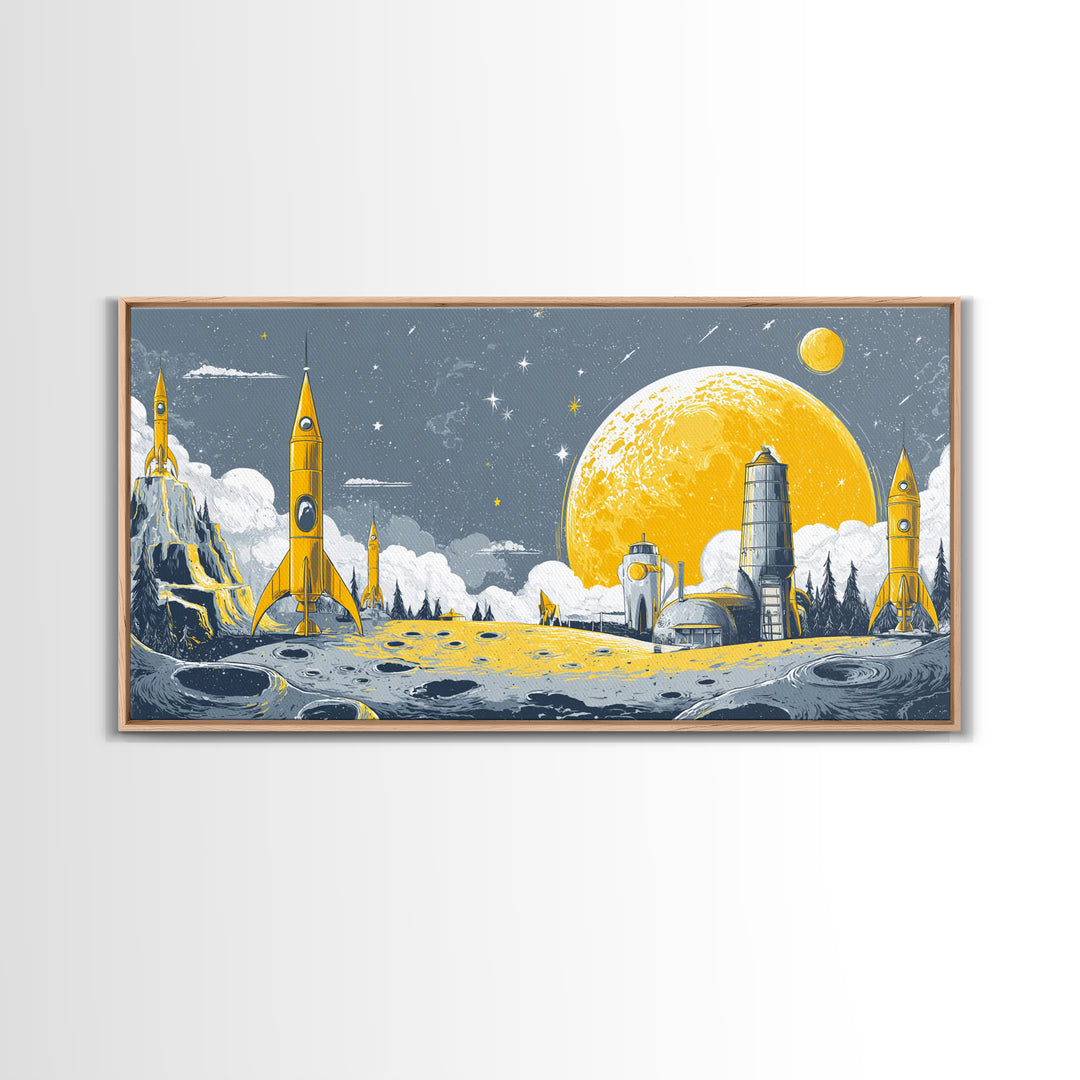Yellow Lunar Colony With Retro Rockets Canvas Print, Midcentury Modern Space Wall Art, Moon Base Poster, Atomic Home Decor