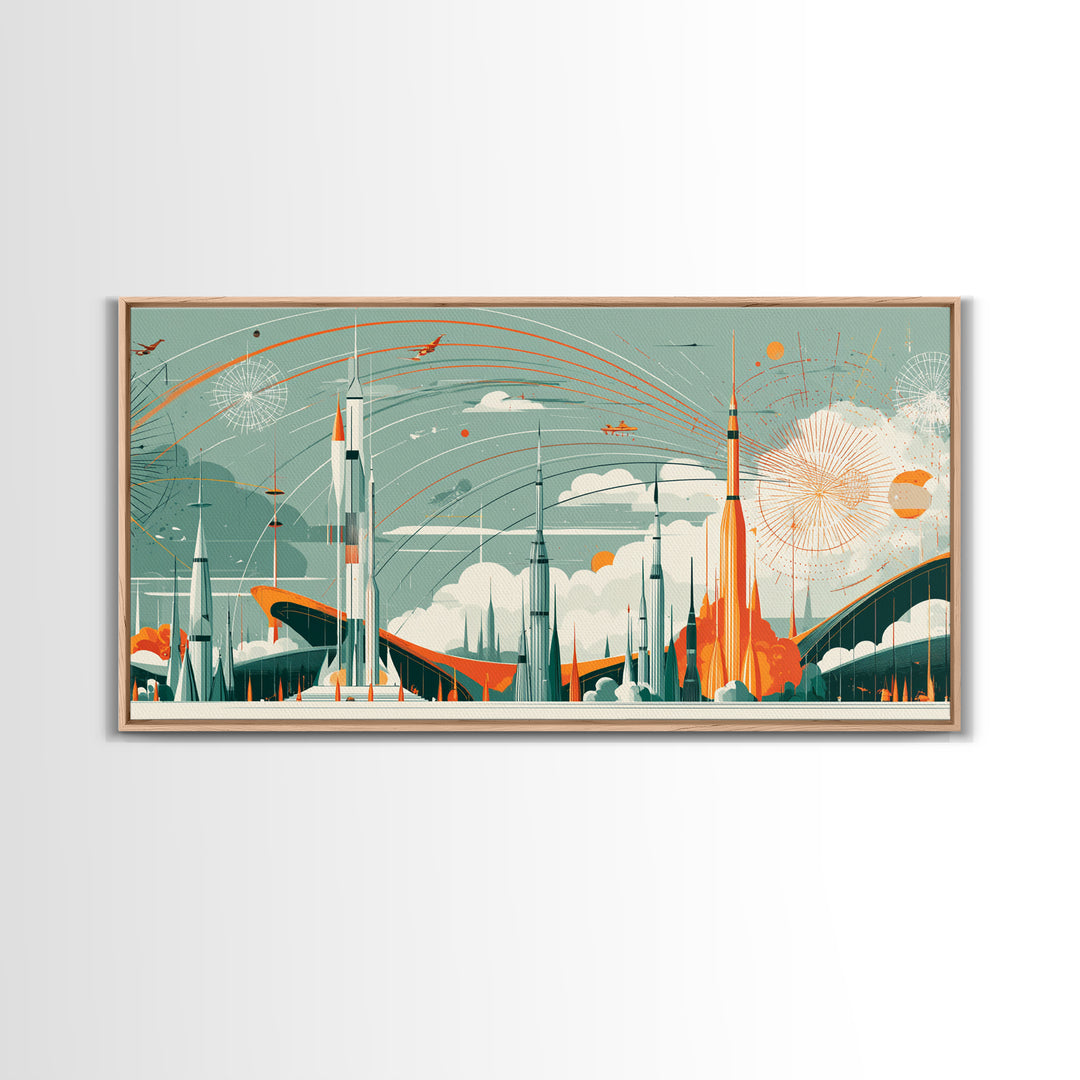 Retro Rocket City With Arcing Skies Canvas Print, Midcentury Modern Wall Art, Space Age Poster, Atomic MCM Home Decor Gift