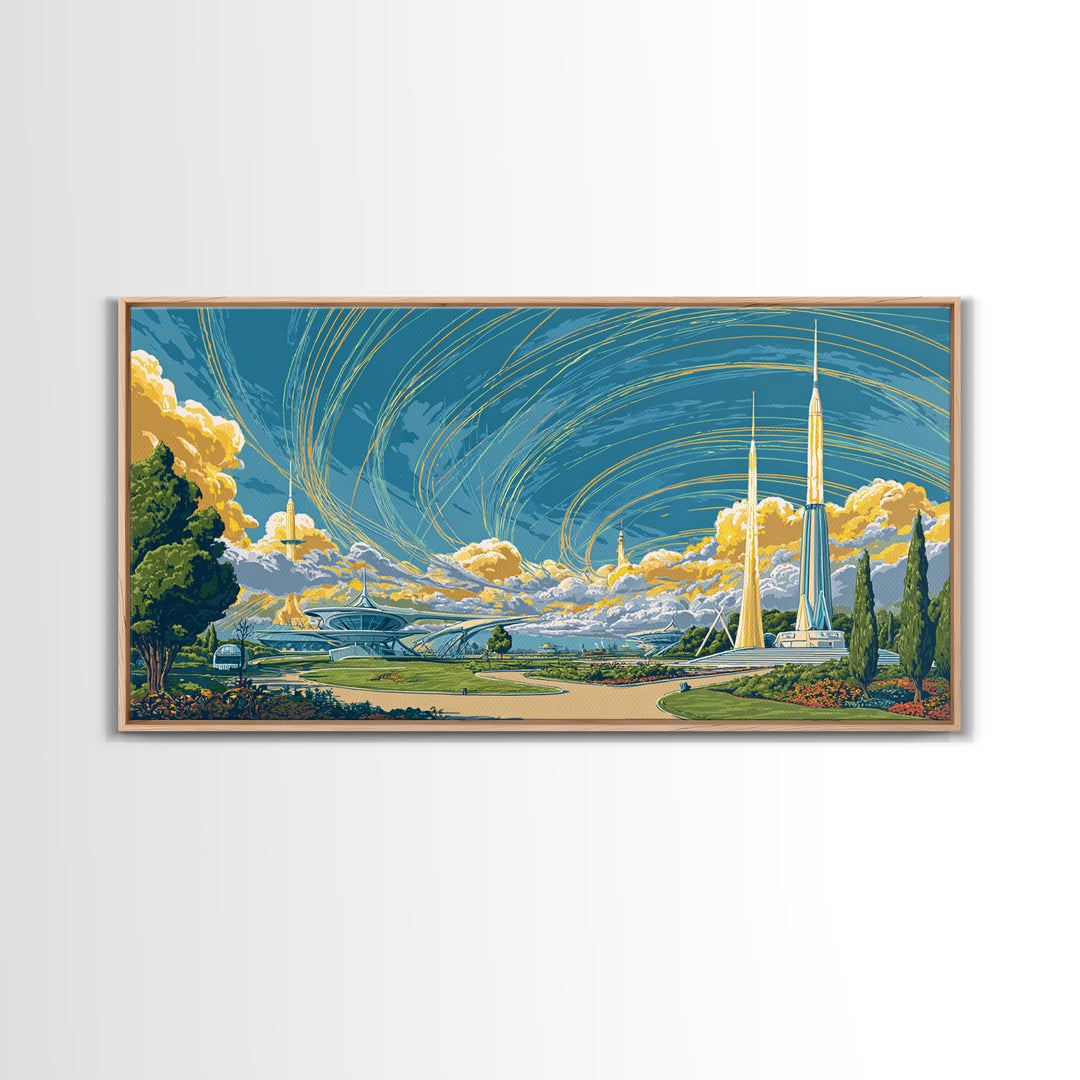 Utopian Spaceport Landscape With Golden Clouds Wall Art, Midcentury Modern Canvas Print, Retro Futurist Poster, MCM Decor
