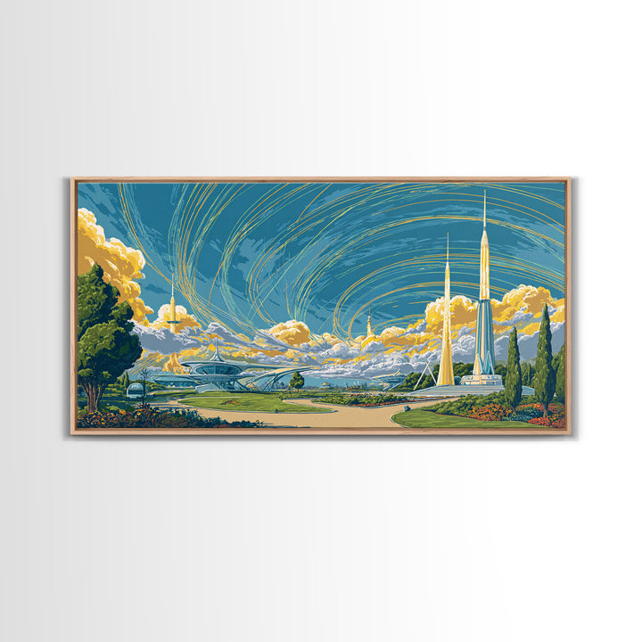 Utopian Spaceport Landscape With Golden Clouds Wall Art, Midcentury Modern Canvas Print, Retro Futurist Poster, MCM Decor