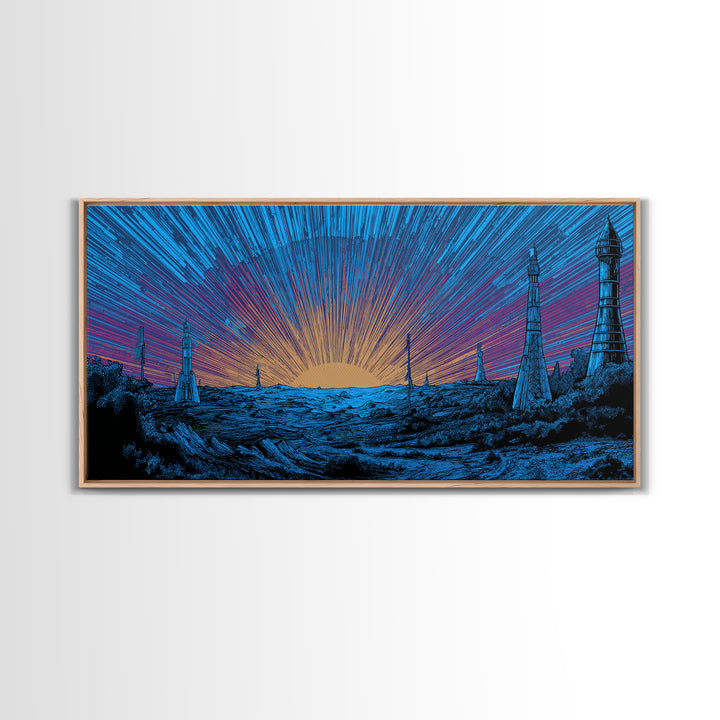 Blue Cosmic Sunrise Over Sci Fi Towers Canvas Print, Midcentury Modern Wall Art, Retro Space Poster, Bold MCM Decor Gift