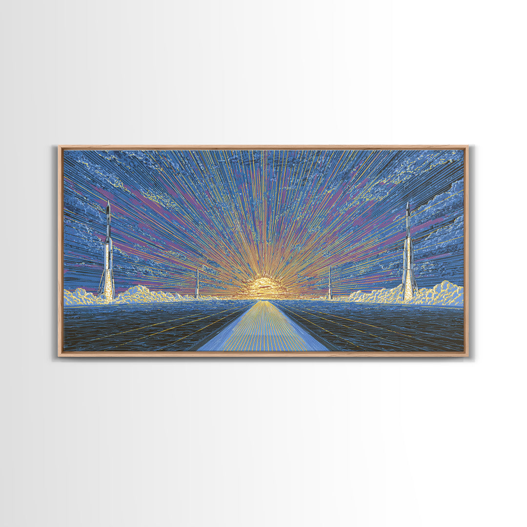 Radiant Rocket Road At Spaceport Sunrise Wall Art, Midcentury Modern Canvas Print, Retro Futurist Poster, MCM Home Decor