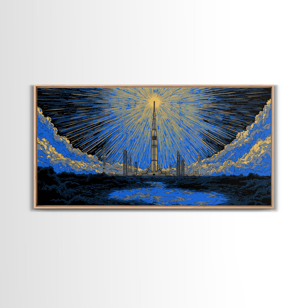Rocket Launch Tower Beneath Starburst Sky Framed Canvas Print, Midcentury Modern Wall Art, Atomic Retro Space Decor Gift