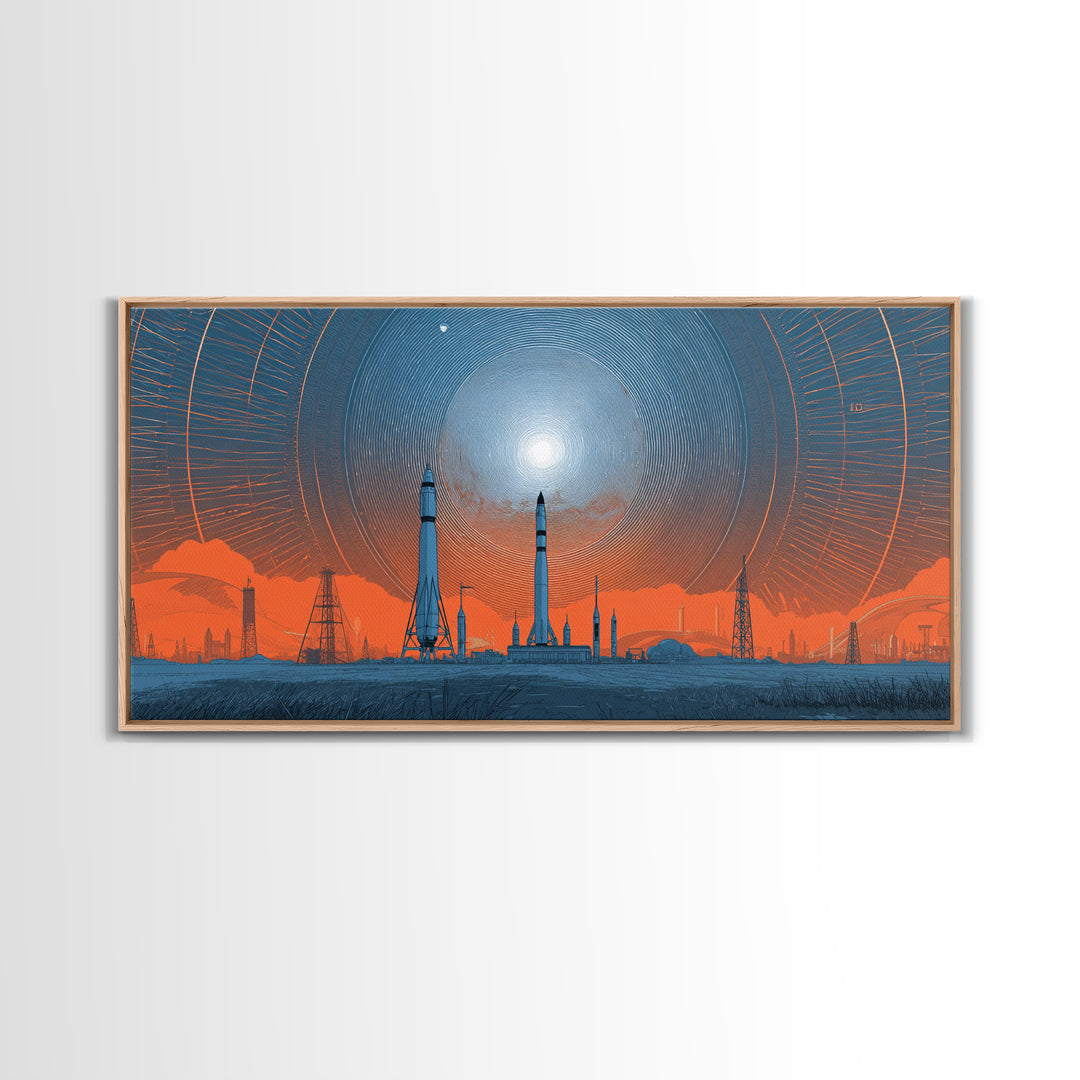 Orange Spaceport Skyline With Radiant Sun Wall Art, Midcentury Modern Canvas Print, Retro Futurist Poster, Industrial MCM Decor