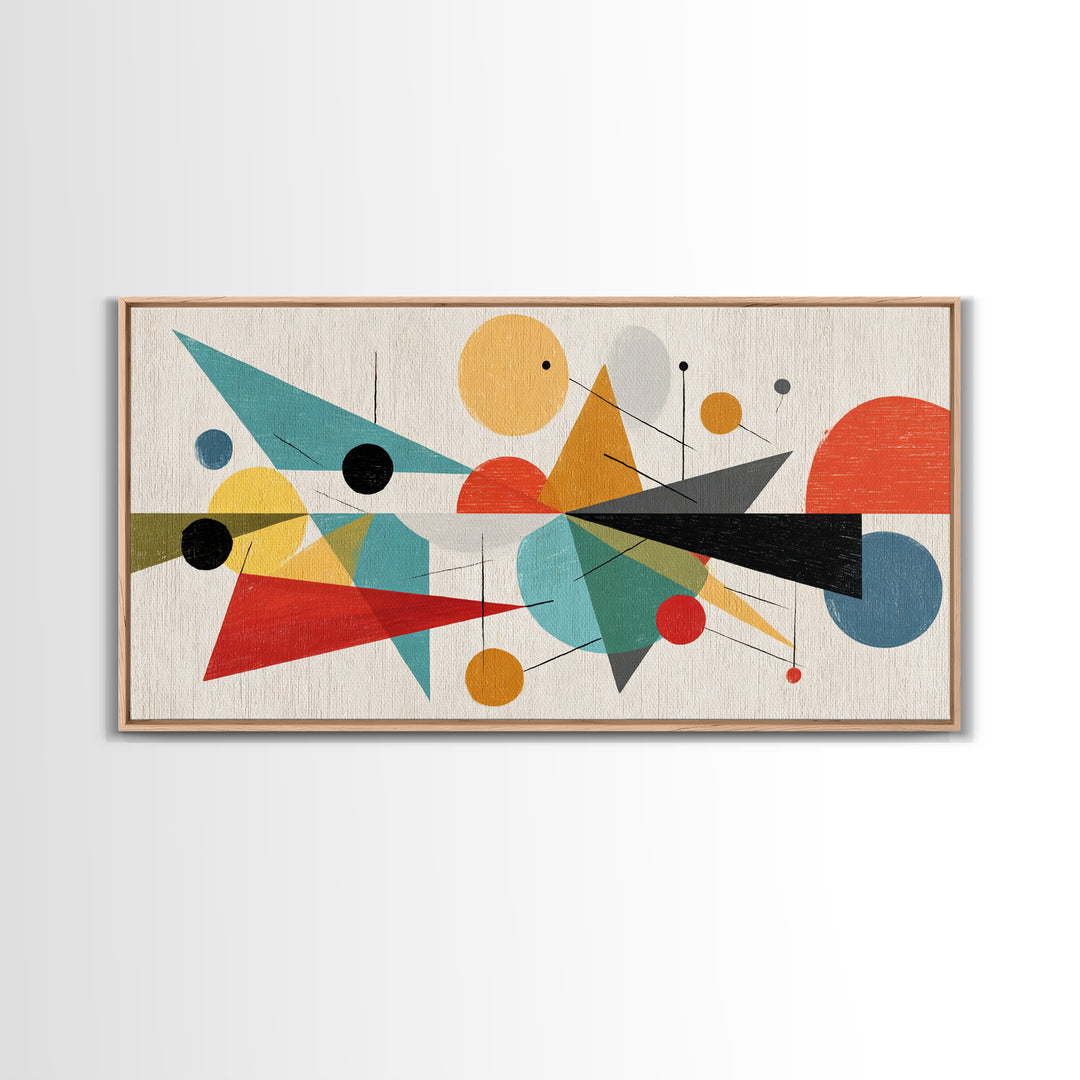 Playful Circles And Triangles Framed Canvas Print, Midcentury Modern Art, Colorful Geometric Wall Decor, Abstract Poster