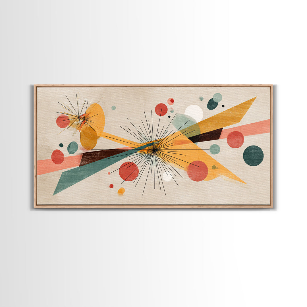 Atomic Starbursts With Teal Gold Shapes Wall Art, Midcentury Modern, Abstract Geometric Poster, Retro MCM Living Room Decor