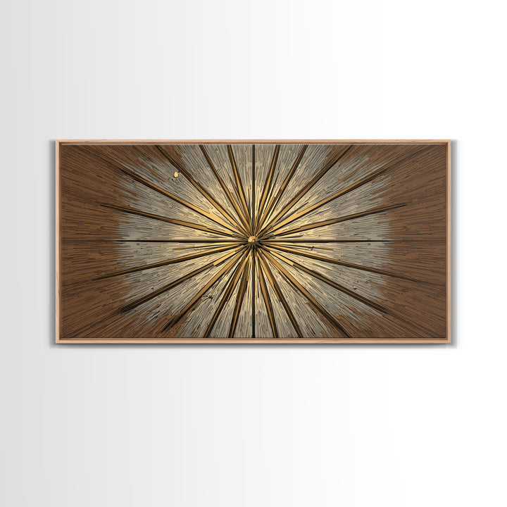 Brown Gold Woodgrain Sunburst Framed Canvas Print, Midcentury Modern Art, Neutral Wall Decor, Geometric Abstract Poster Art