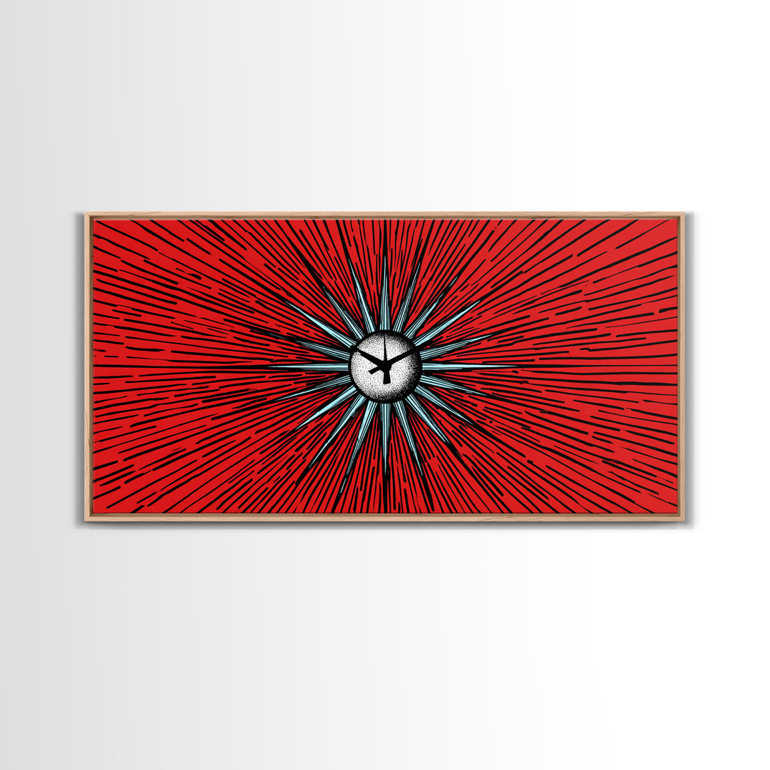 Red Atomic Starburst Clock Wall Art, Mid Century Modern Decor, Retro Sci Fi Poster, MCM Abstract Print, Bold Office Decor