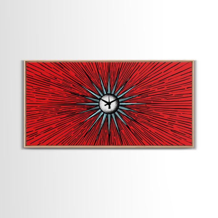 Red Atomic Starburst Clock Wall Art, Mid Century Modern Decor, Retro Sci Fi Poster, MCM Abstract Print, Bold Office Decor