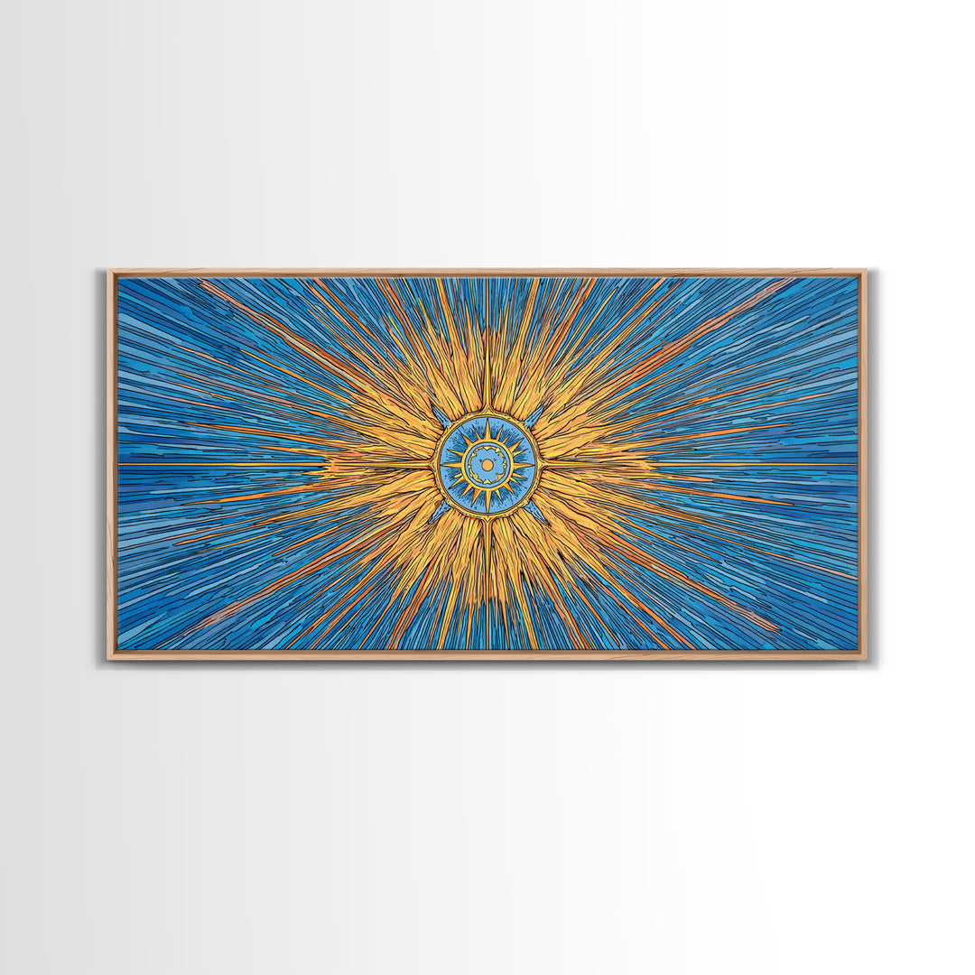 Blue Gold Solar Compass Canvas Print, Mid Century Modern Wall Decor, Atomic Sunburst Poster, Celestial Abstract Art, Office Decor