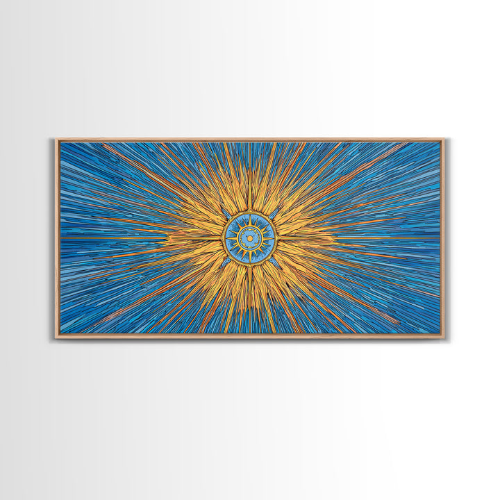 Blue Gold Solar Compass Canvas Print, Mid Century Modern Wall Decor, Atomic Sunburst Poster, Celestial Abstract Art, Office Decor