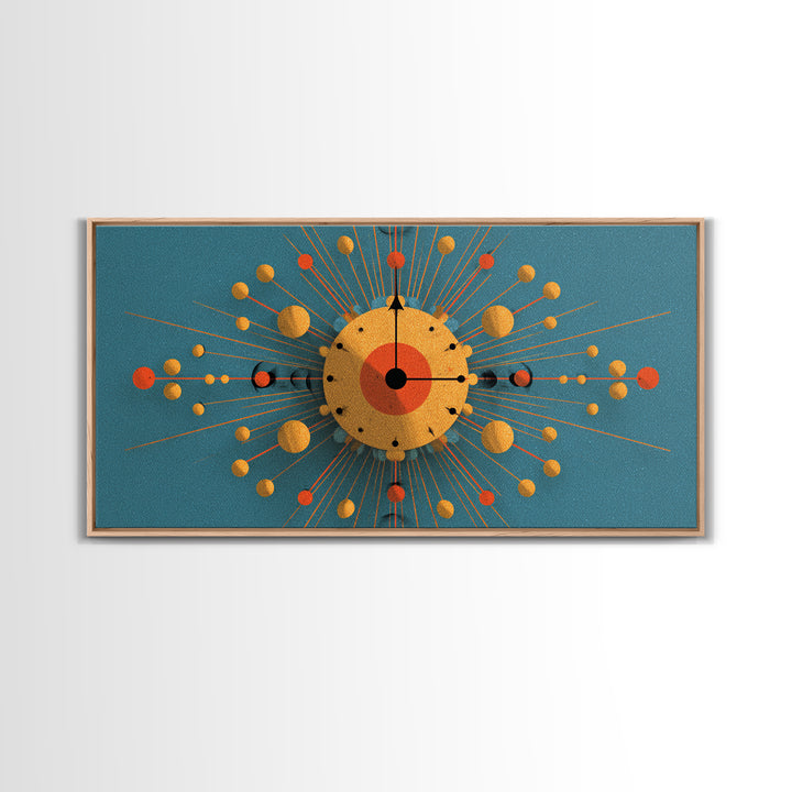Teal Gold Atomic Clock Framed Canvas Print, Mid Century Modern Wall Art, Retro Space Age Poster, MCM Geometric Office Decor