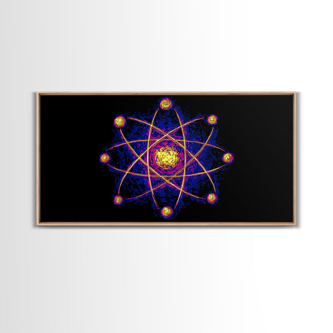 Neon Planet Atomic Canvas Print, Mid Century Modern Wall Art, Retro Sci Fi Space Poster, Cosmic Abstract MCM Office Decor