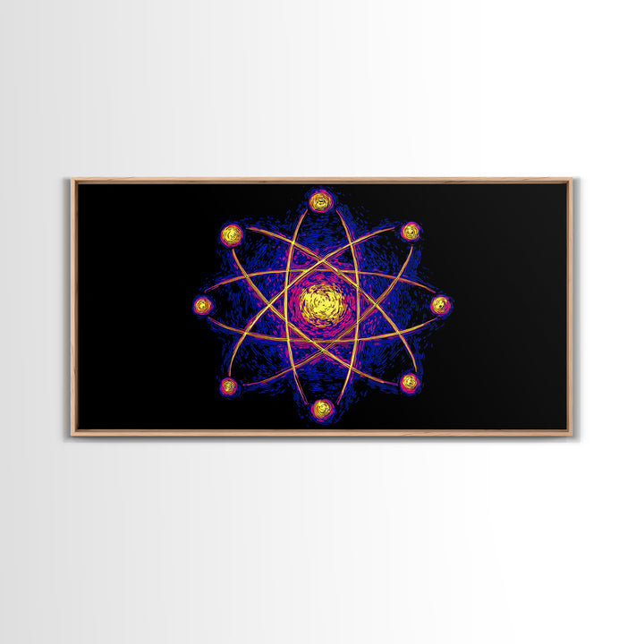 Neon Planet Atomic Canvas Print, Mid Century Modern Wall Art, Retro Sci Fi Space Poster, Cosmic Abstract MCM Office Decor