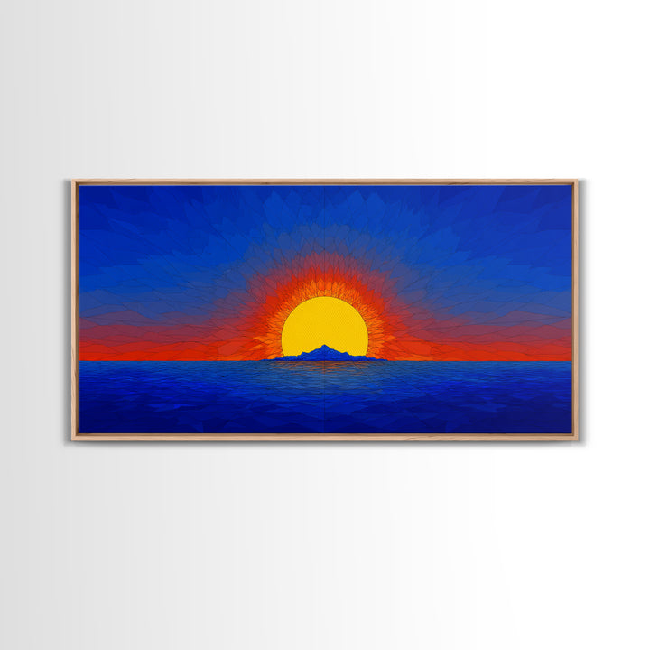 Geometric Ocean Sunset Wall Art, Mid Century Modern Landscape, Retro Sun Poster, Blue Orange Canvas Print For Coastal Decor