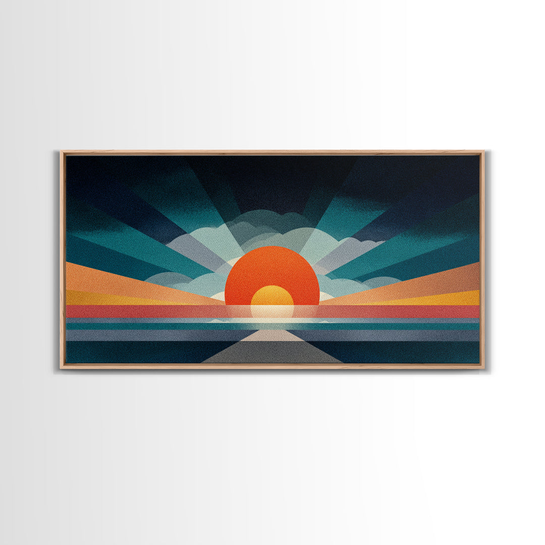 Retro Radiant Sunrise Wall Art, Mid Century Modern Geometric Poster, Abstract Desert Sun Canvas Print, Colorful Home Decor
